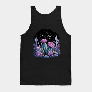 Cactus with Beautiful Flowers Starry Night Moon and Stars Tank Top